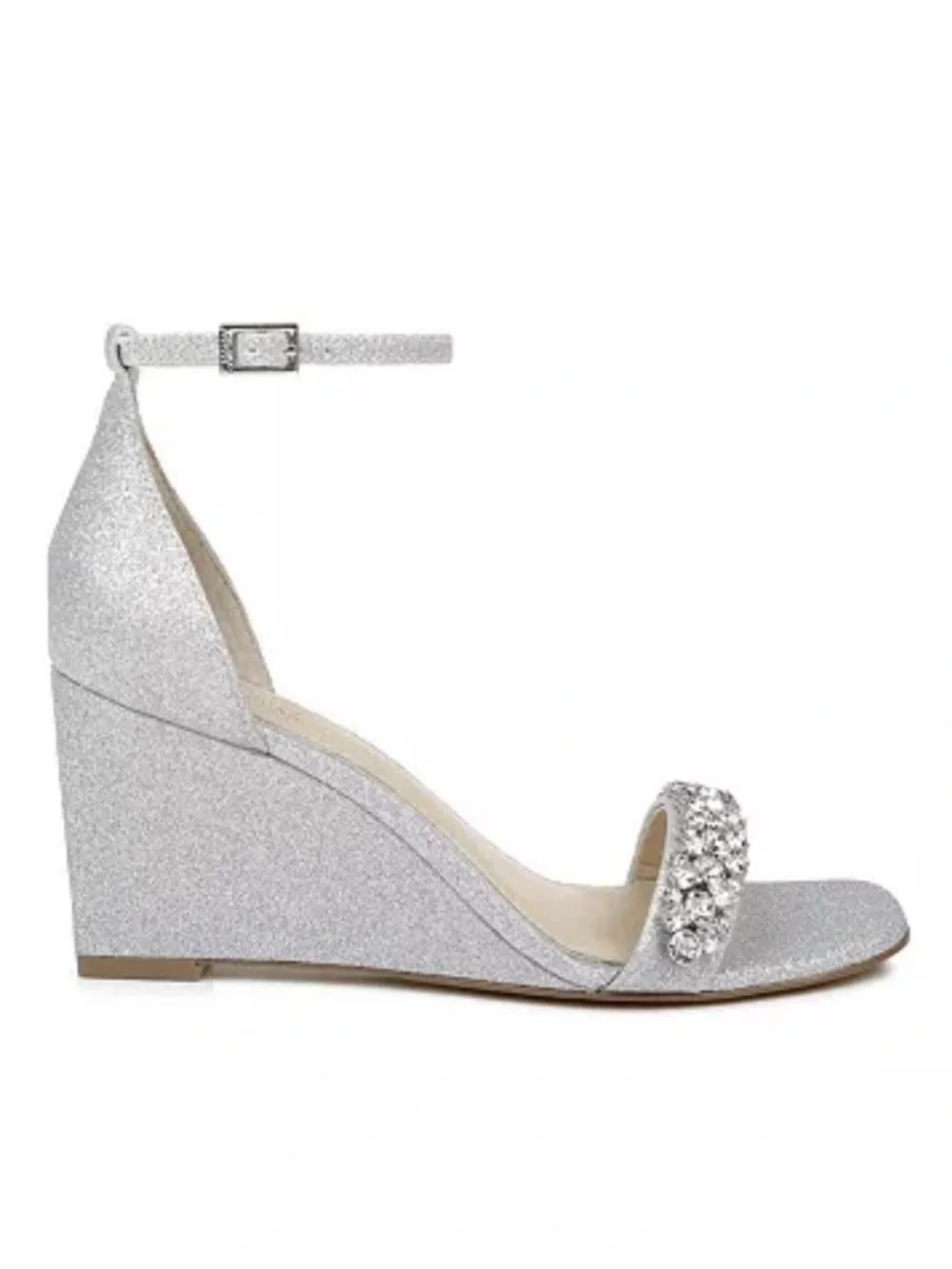 Jewel Badgley Mischka Peggy Silver Glitter Jeweled Wedge Sandals Shoes NWOB $149